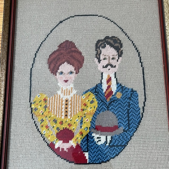 Vintage 70s Man & Woman Wool Needlepoint - Picture 2 of 7